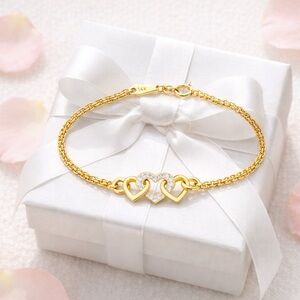 Solid 14K Gold Interlocking Heart Bracelet ✨ Diamond Accent Center Double Chain